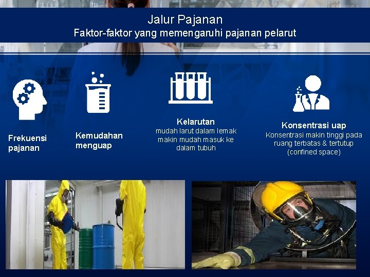 Jalur Pajanan Faktor-faktor yang memengaruhi pajanan pelarut Kelarutan Frekuensi pajanan Kemudahan menguap mudah larut