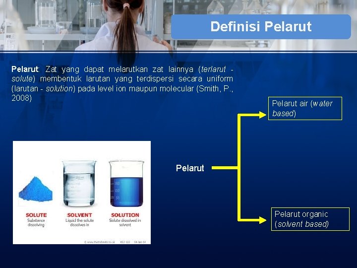 Definisi Pelarut: Zat yang dapat melarutkan zat lainnya (terlarut solute) membentuk larutan yang terdispersi