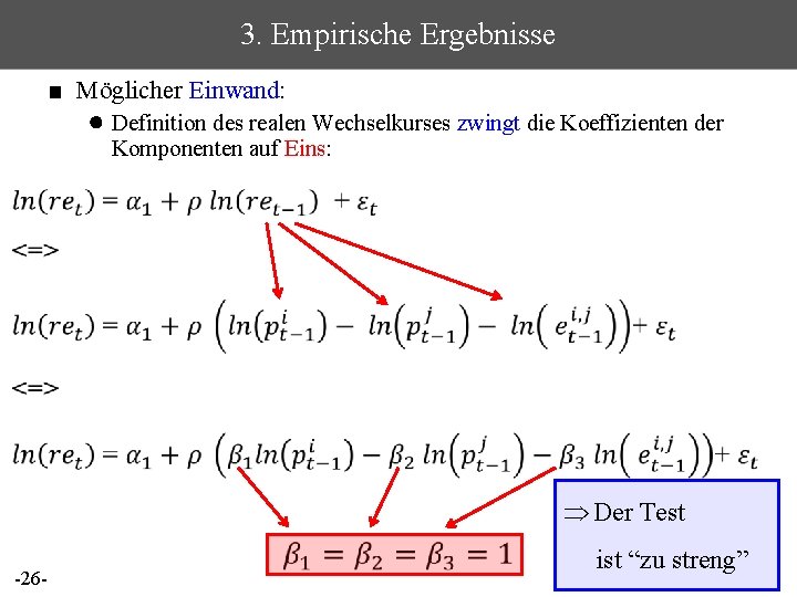 3. Empirische Ergebnisse ■ Möglicher Einwand: ● Definition des realen Wechselkurses zwingt die Koeffizienten