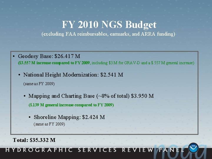 FY 2010 NGS Budget (excluding FAA reimbursables, earmarks, and ARRA funding) • Geodesy Base: