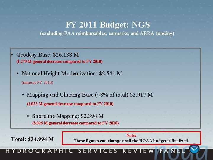 FY 2011 Budget: NGS (excluding FAA reimbursables, earmarks, and ARRA funding) • Geodesy Base: