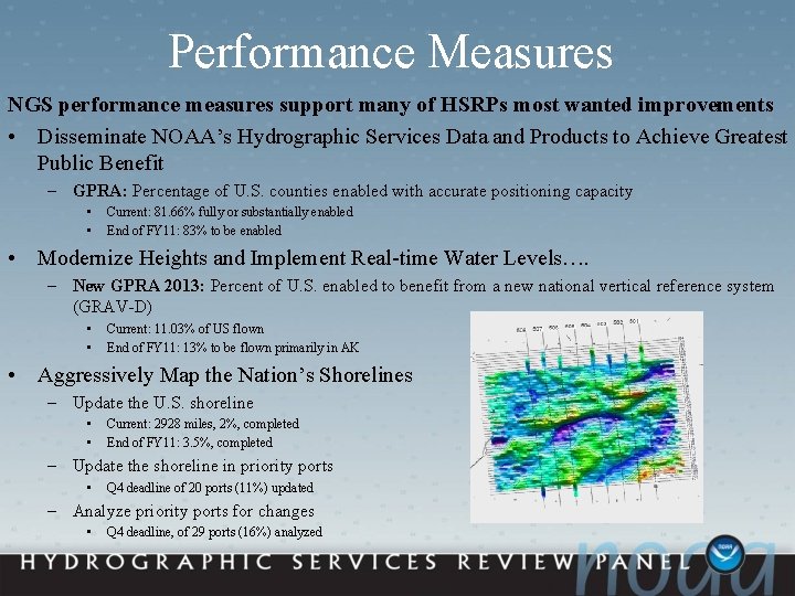 Performance Measures NGS performance measures support many of HSRPs most wanted improvements • Disseminate