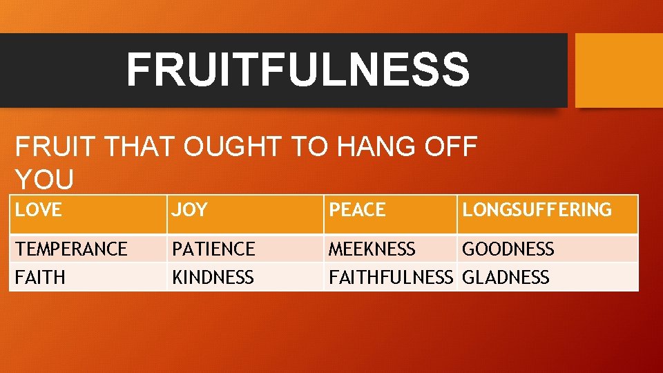 FRUITFULNESS FRUIT THAT OUGHT TO HANG OFF YOU LOVE JOY PEACE LONGSUFFERING TEMPERANCE FAITH