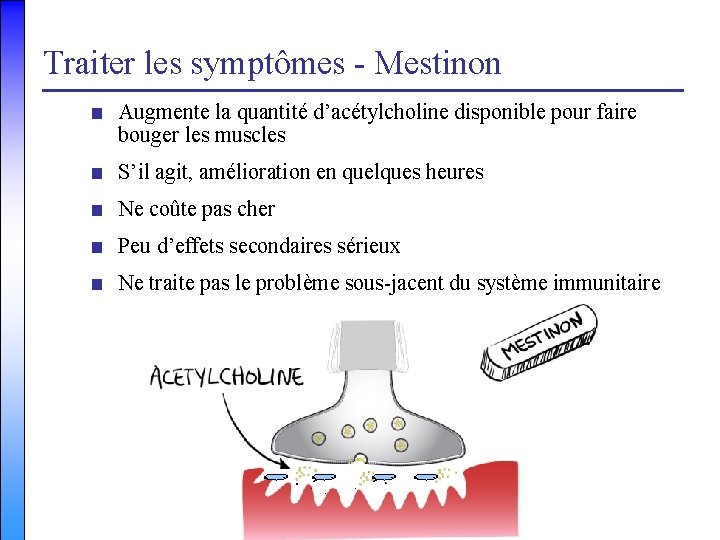 Traiter les symptômes - Mestinon ■ Augmente la quantité d’acétylcholine disponible pour faire bouger