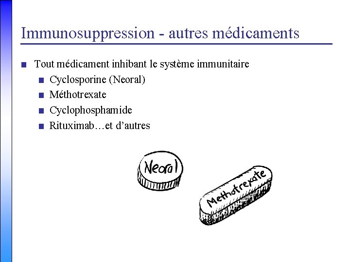 Immunosuppression - autres médicaments ■ Tout médicament inhibant le système immunitaire ■ Cyclosporine (Neoral)