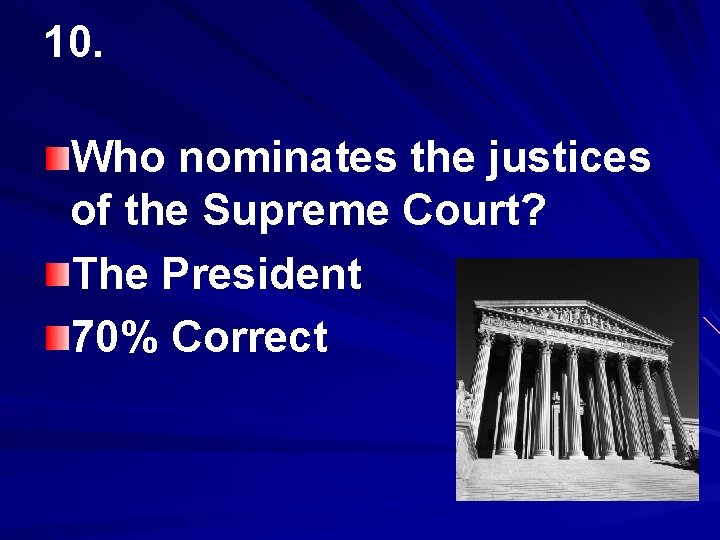 10. Who nominates the justices of the Supreme Court? The President 70% Correct 