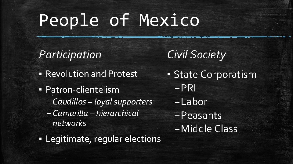 People of Mexico Participation Civil Society ▪ Revolution and Protest ▪ State Corporatism – People of Mexico Participation Civil Society ▪ Revolution and Protest ▪ State Corporatism –