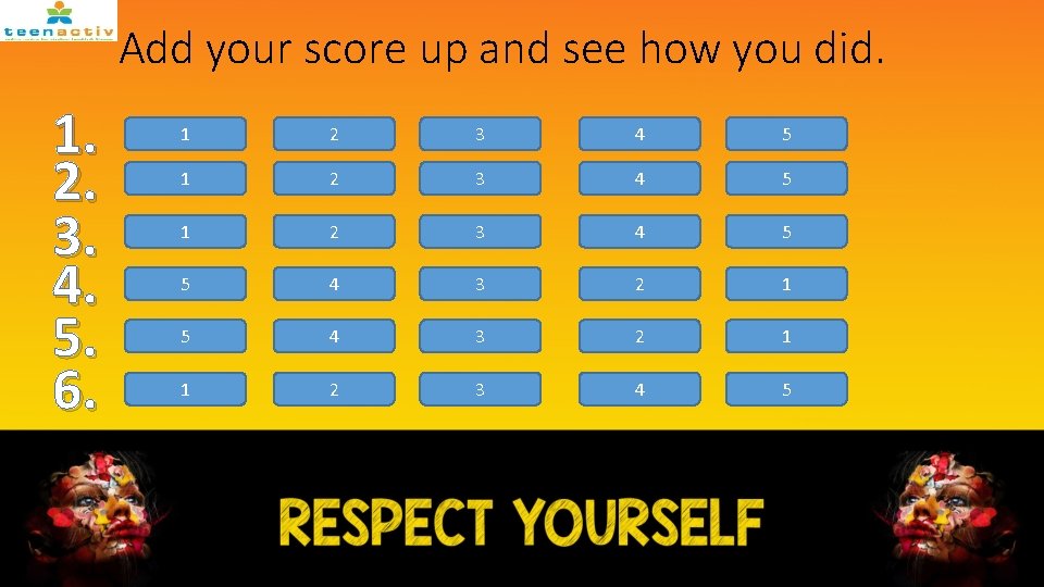 Add your score up and see how you did. 1. 2. 3. 4. 5.