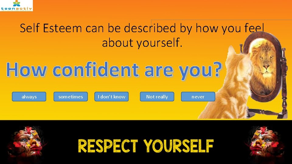 Self Esteem can be described by how you feel about yourself. How confident are