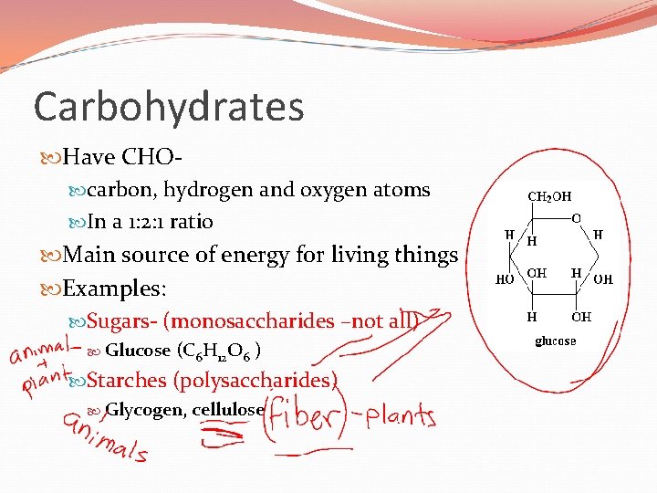 Carbohydrates Have CHO carbon, hydrogen and oxygen atoms In a 1: 2: 1 ratio