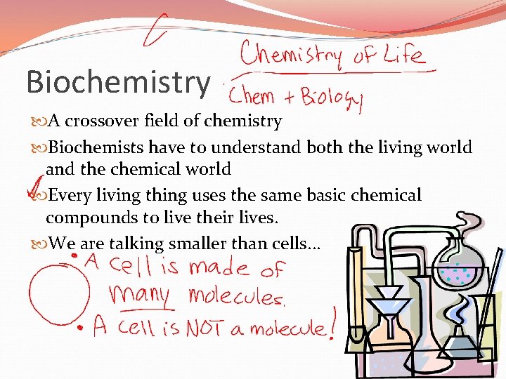 Biochemistry A crossover field of chemistry Biochemists have to understand both the living world