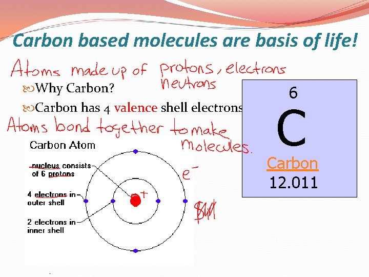 Carbon based molecules are basis of life! Why Carbon? Carbon has 4 valence shell