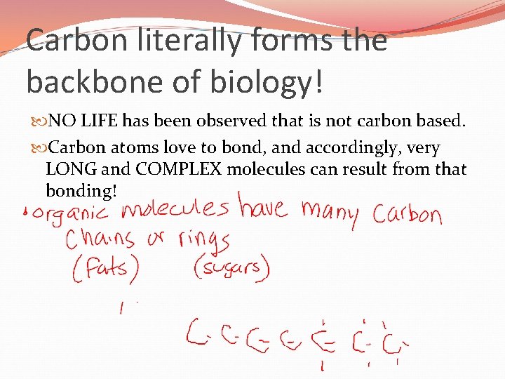 Carbon literally forms the backbone of biology! NO LIFE has been observed that is