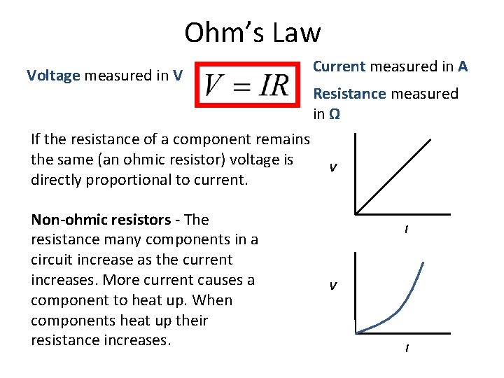 Ohm’s Law Voltage measured in V If the resistance of a component remains the Ohm’s Law Voltage measured in V If the resistance of a component remains the