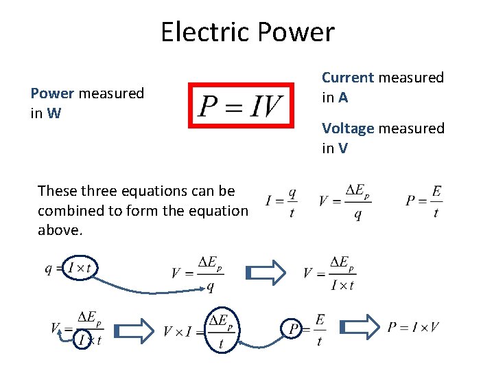 Electric Power measured in W These three equations can be combined to form the Electric Power measured in W These three equations can be combined to form the
