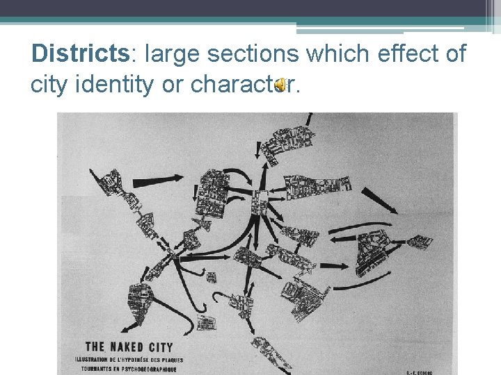 Districts: large sections which effect of city identity or character. 