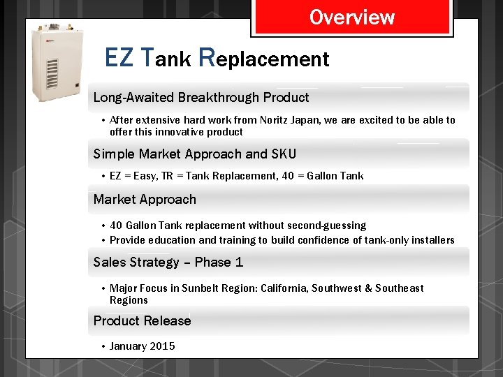 Overview EZ Tank Replacement Long-Awaited Breakthrough Product • After extensive hard work from Noritz