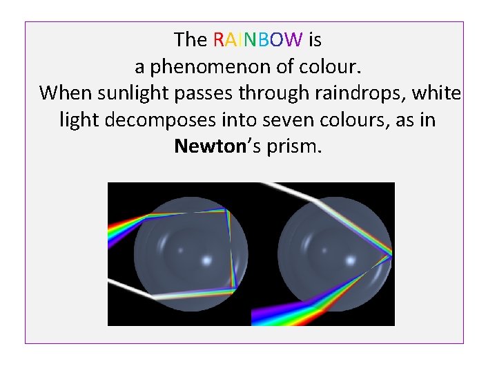 The RAINBOW is a phenomenon of colour. When sunlight passes through raindrops, white light