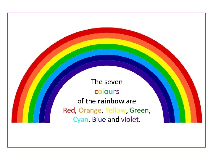The seven colours of the rainbow are Red, Orange, Yellow, Green, Cyan, Blue and