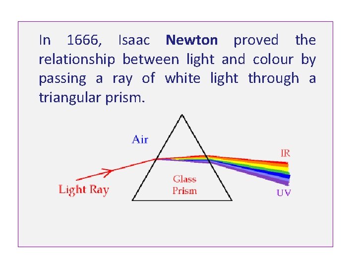 In 1666, Isaac Newton proved the relationship between light and colour by passing a