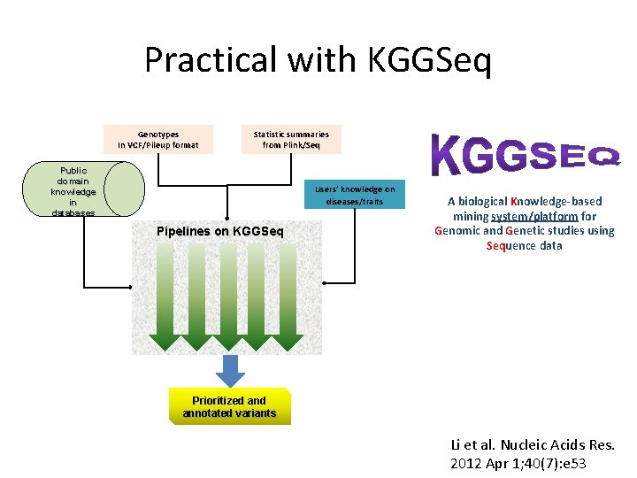 Practical with KGGSeq Genotypes In VCF/Pileup format Statistic summaries from Plink/Seq Public domain knowledge