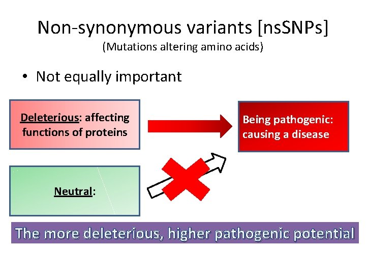 Non-synonymous variants [ns. SNPs] (Mutations altering amino acids) • Not equally important Deleterious: affecting