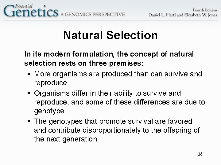 Natural Selection In its modern formulation, the concept of natural selection rests on three