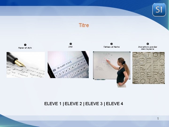 Titre Papier et stylo SMS Tableau et feutre Inscriptions gravées dans la pierre ELEVE