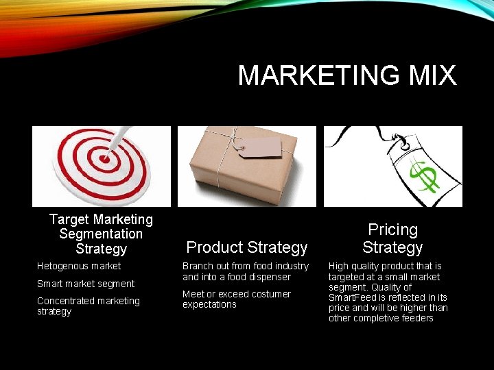 MARKETING MIX Target Marketing Segmentation Strategy Hetogenous market Smart market segment Concentrated marketing strategy