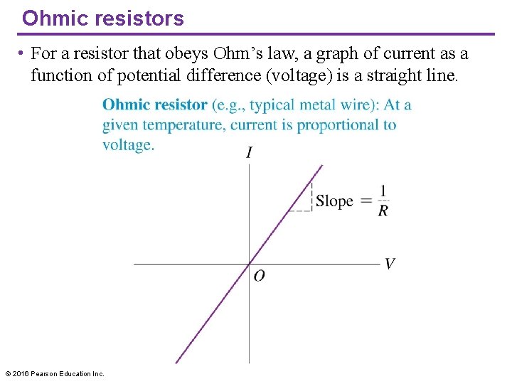 Ohmic resistors • For a resistor that obeys Ohm’s law, a graph of current