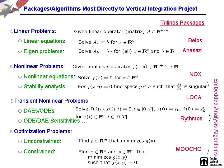 Packages/Algorithms Most Directly to Vertical Integration Project Trilinos Packages · Linear Problems: · Linear