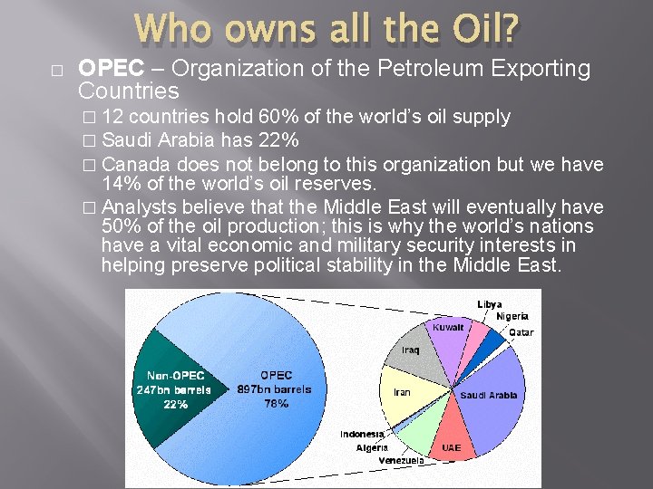 � Who owns all the Oil? OPEC – Organization of the Petroleum Exporting Countries