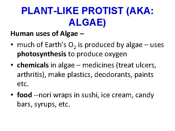 PLANT-LIKE PROTIST (AKA: ALGAE) Human uses of Algae – • much of Earth’s O