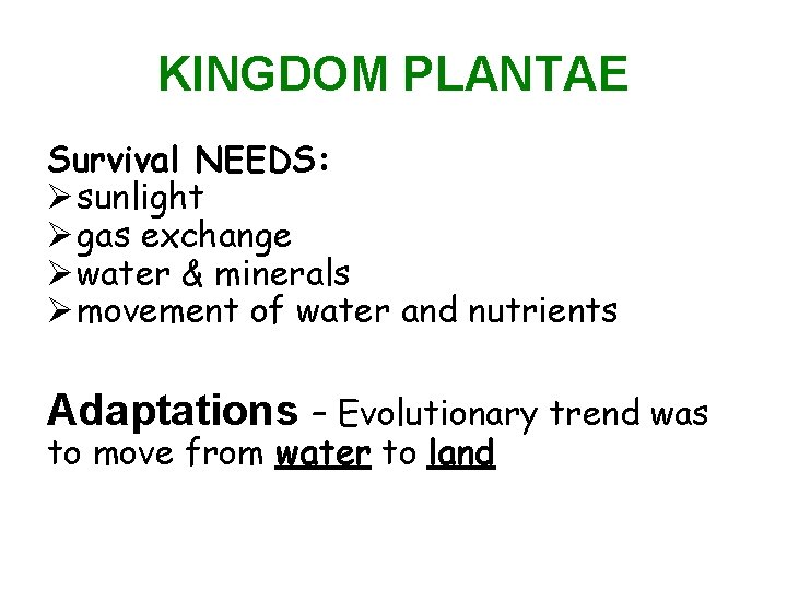 KINGDOM PLANTAE Survival NEEDS: sunlight gas exchange water & minerals movement of water and