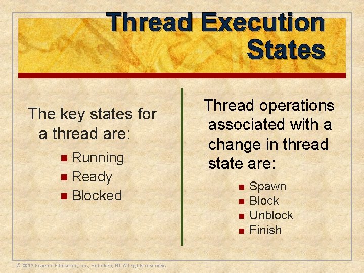 Thread Execution States The key states for a thread are: n Running n Ready