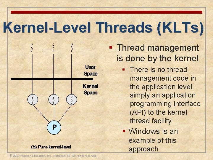 Kernel-Level Threads (KLTs) § Thread management is done by the kernel § There is Kernel-Level Threads (KLTs) § Thread management is done by the kernel § There is