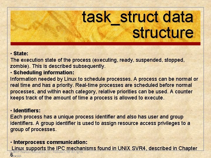 task_struct data structure • State: The execution state of the process (executing, ready, suspended,