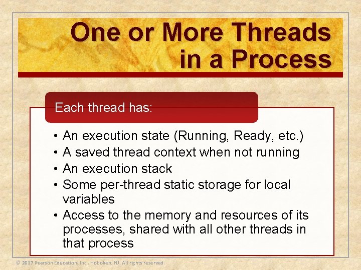 One or More Threads in a Process Each thread has: • • An execution