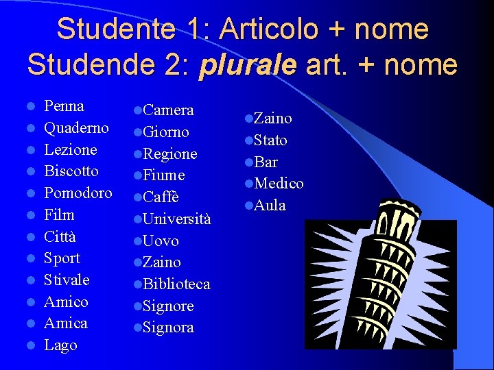 Studente 1: Articolo + nome Studende 2: plurale art. + nome l l l