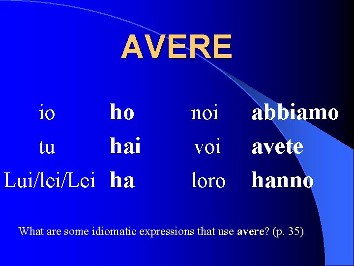 AVERE ho tu hai Lui/lei/Lei ha io noi voi loro abbiamo avete hanno What