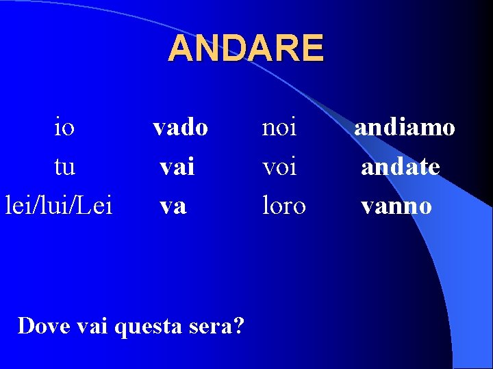 ANDARE io tu lei/lui/Lei vado vai va Dove vai questa sera? noi voi loro