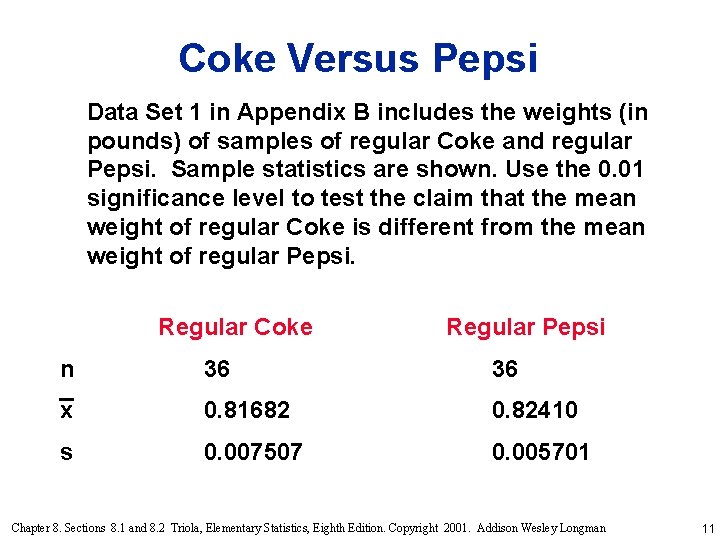 Coke Versus Pepsi Data Set 1 in Appendix B includes the weights (in pounds)