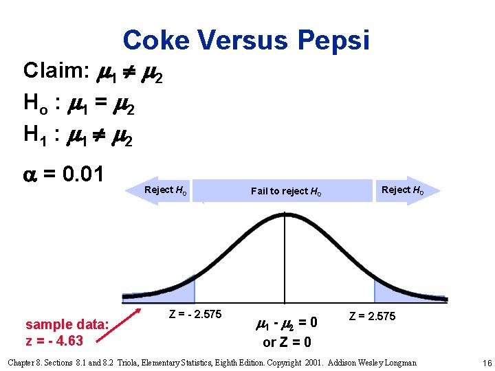 Coke Versus Pepsi Claim: 1 2 Ho : 1 = 2 H 1 :
