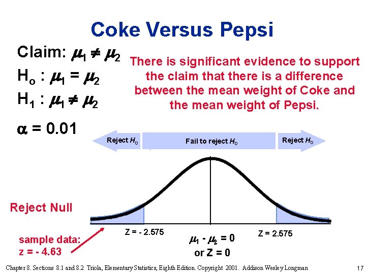 Coke Versus Pepsi Claim: 1 2 Ho : 1 = 2 H 1 :