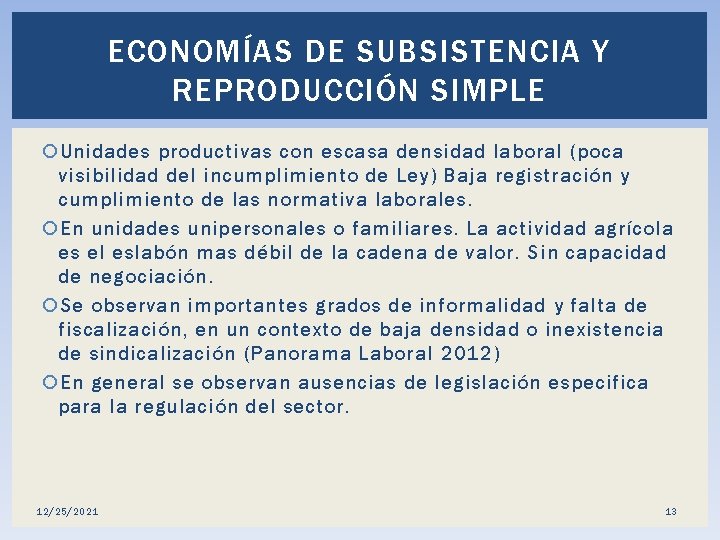 ECONOMÍAS DE SUBSISTENCIA Y REPRODUCCIÓN SIMPLE Unidades productivas con escasa densidad laboral (poca visibilidad