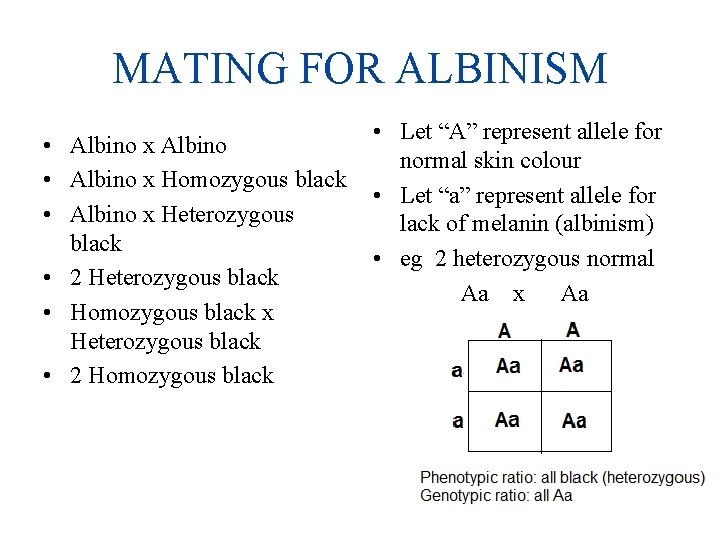 MATING FOR ALBINISM • Albino x Albino • Albino x Homozygous black • Albino