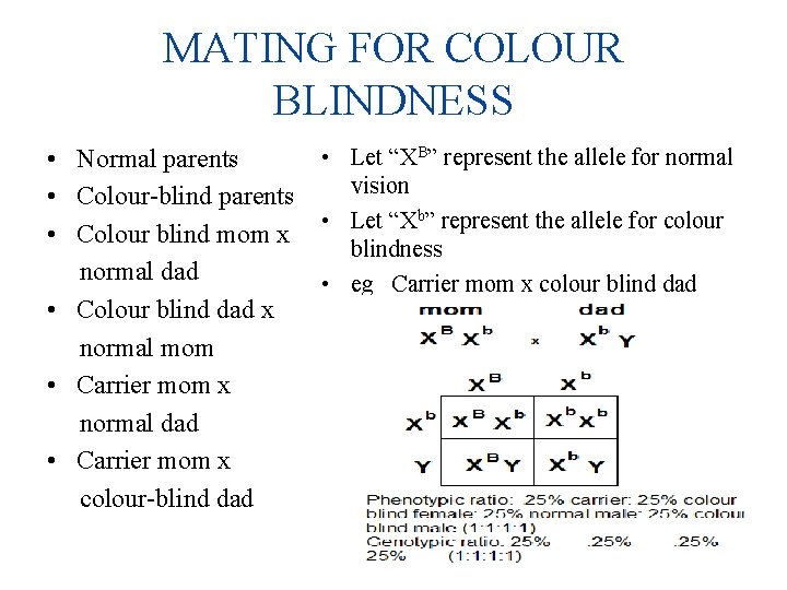 MATING FOR COLOUR BLINDNESS • Normal parents • Colour-blind parents • Colour blind mom