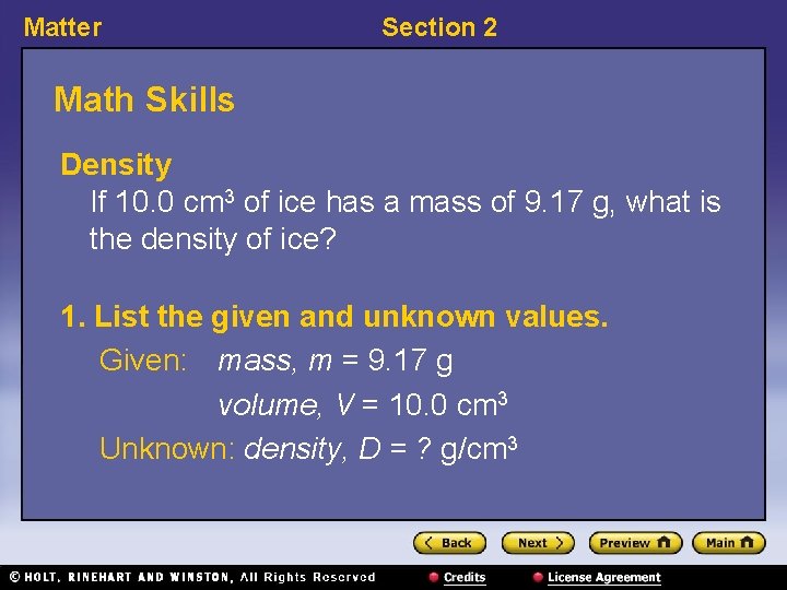 Matter Section 2 Math Skills Density If 10. 0 cm 3 of ice has