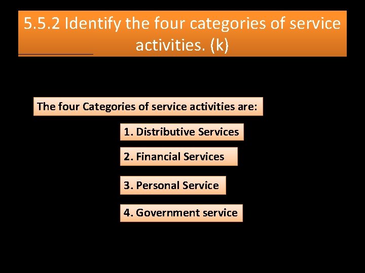 5. 5. 2 Identify the four categories of service activities. (k) The four Categories 5. 5. 2 Identify the four categories of service activities. (k) The four Categories