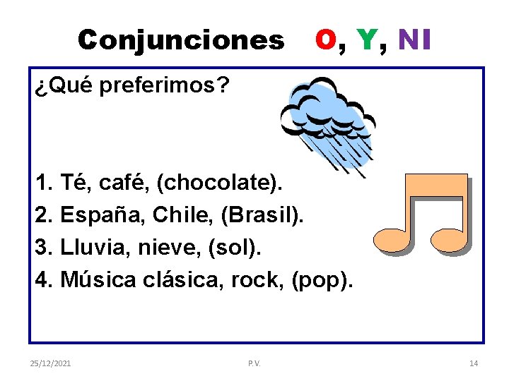 Conjunciones O, Y, NI ¿Qué preferimos? 1. Té, café, (chocolate). 2. España, Chile, (Brasil).